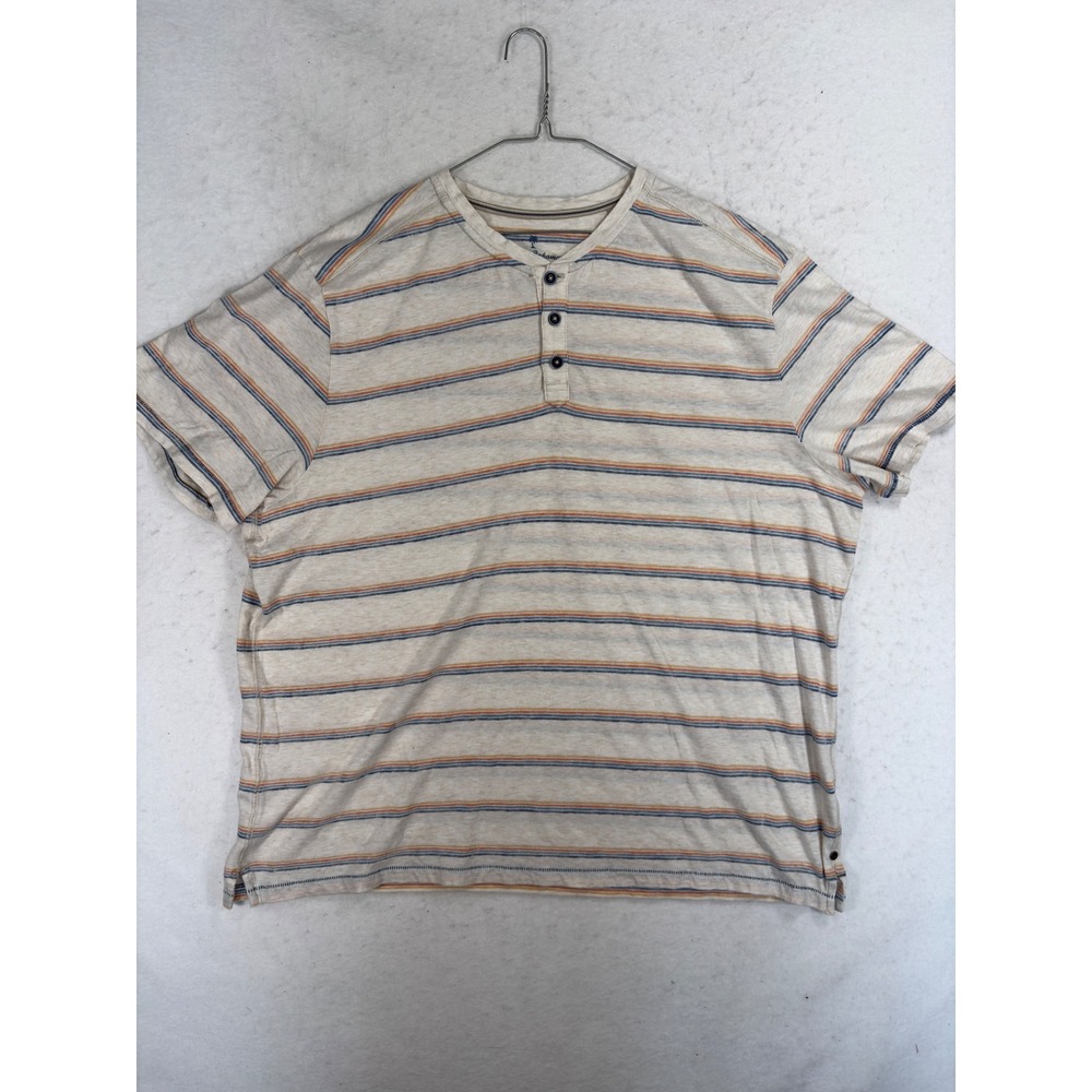 Tommy Bahama Mens XXL Short Sleeve Henley Shirt Striped Organic Cotton Cream